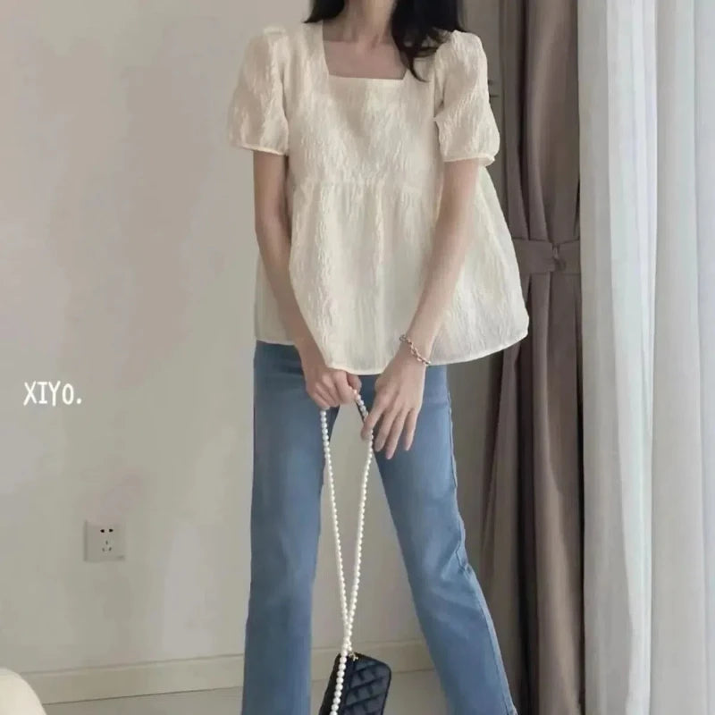 Summer New Black Loose All-match Korean Blouse Short Sleeve Solid Color Pleated Trend Shirt Tops Fashion Casual Women Clothing