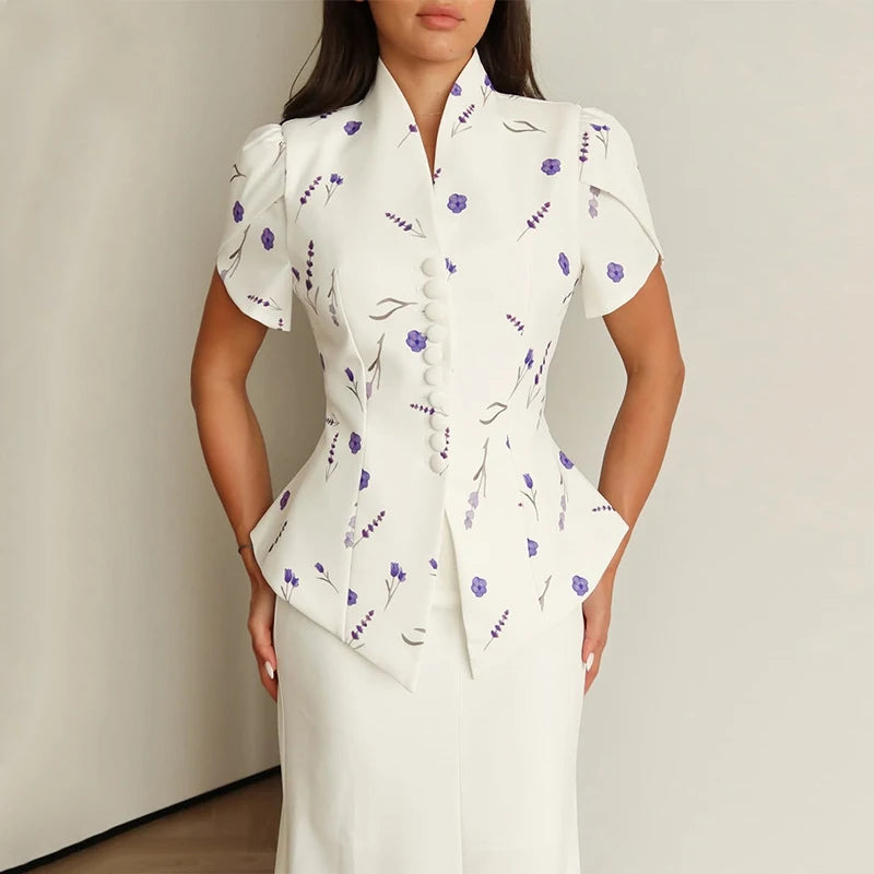 Elegant Women's Irregular Shirts Short Sleeve Waist-Closed Button V-Neck Lady Top 2025 Summer Fashion Female Street Outwear