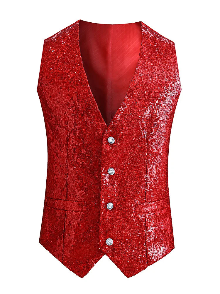 Red Shiny Sequins Single Breasted Sleeveless Vest Men's V-Neck Waistcoat Gold Black White Blue Purple Available M L XL XXL XXXL