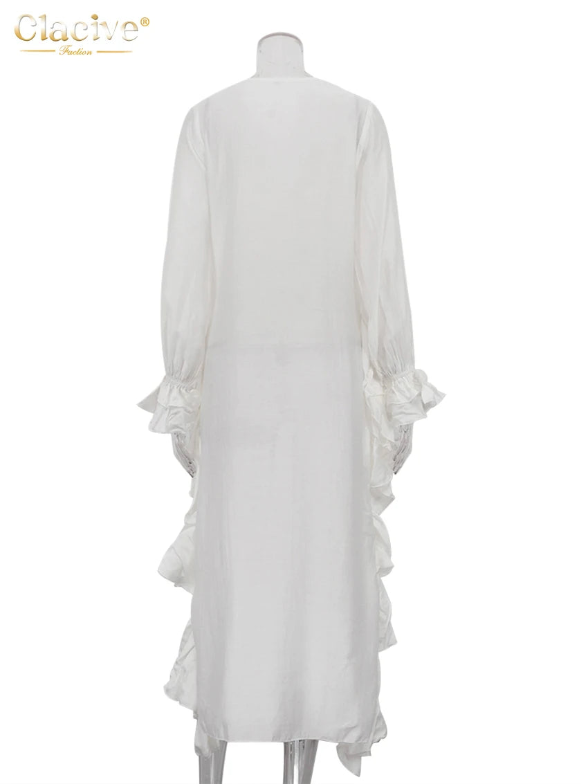Clacive Sexy Loose White Women's Shirt 2025 Fashion V-Neck Long Sleeve Shirts Elegant Ruffle Irregular Top Female Clothing