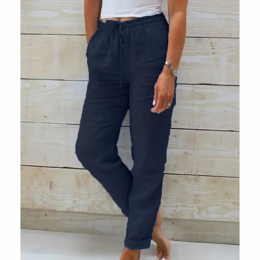 Women Summer Autumn Breathable Cotton Linen Trendy Pants Elastic Waist  Straight Leg Solid Color Female Casual Baggy Trousers