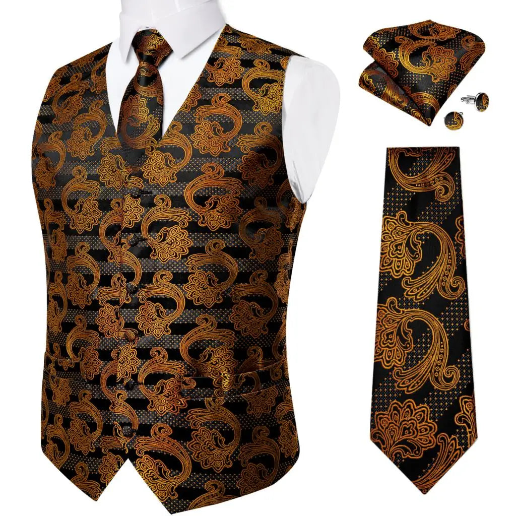 Luxury Silver Gray Paisley Suit Vest Men Tuxedo Blazers Wedding Party Waistcoat Neck Tie Set Casual Sleeveless Jacket