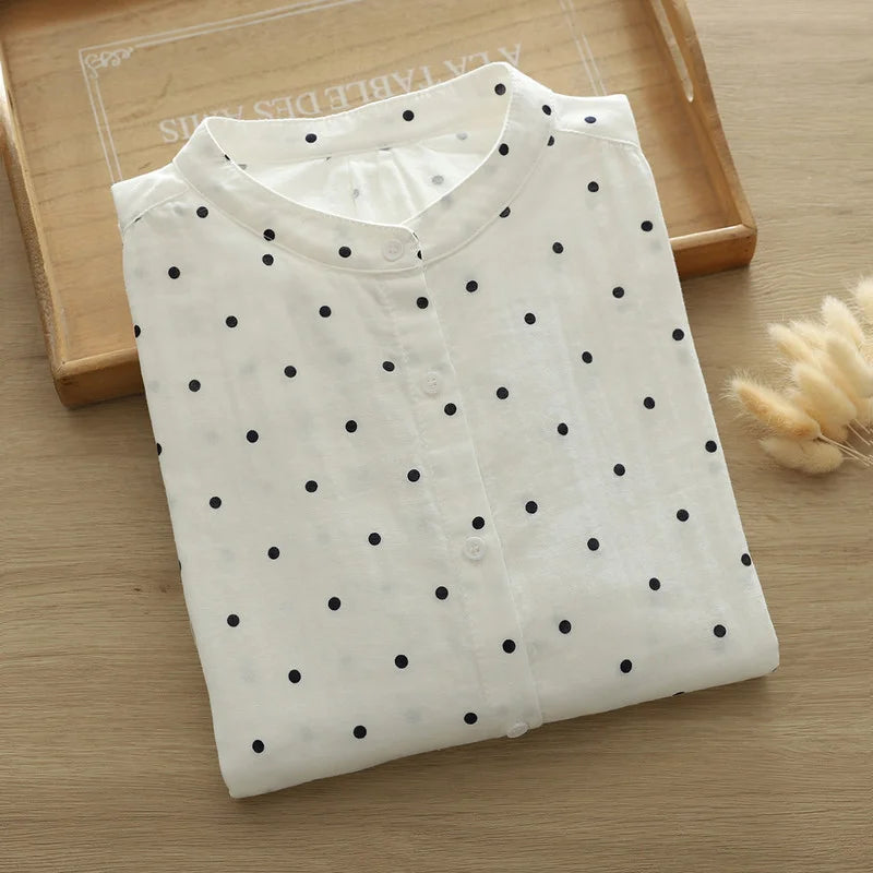 100% Cotton yarn women's shirt 2025 summer Japan style brief short bat sleeve blouses large size tops middle aged women blouses