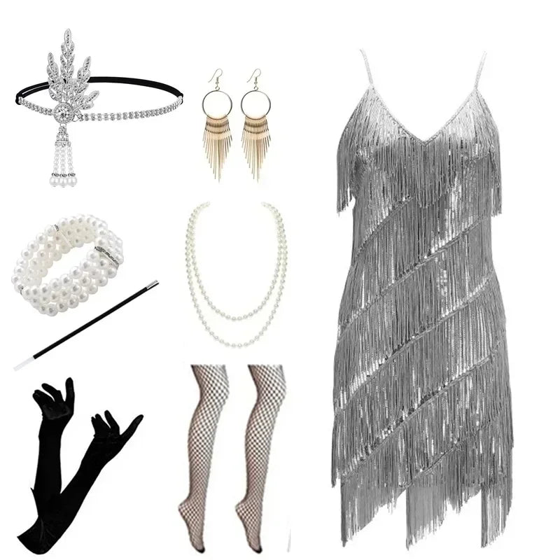 Party Gatsby Dress Evening Ball Gown Bodycon Trend Camisole Tassel Sheath Dress Women Sexy Sequins 1920 Vintage V-neck Dress