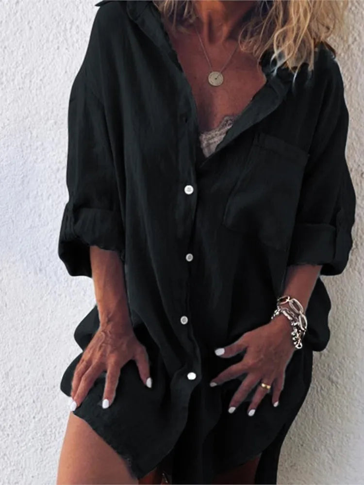 Summer Women's Clothing New Fashion Cotton Linen Pocket Beach Fashion Button Up Shirt Long Sleeved Casual Comfortable