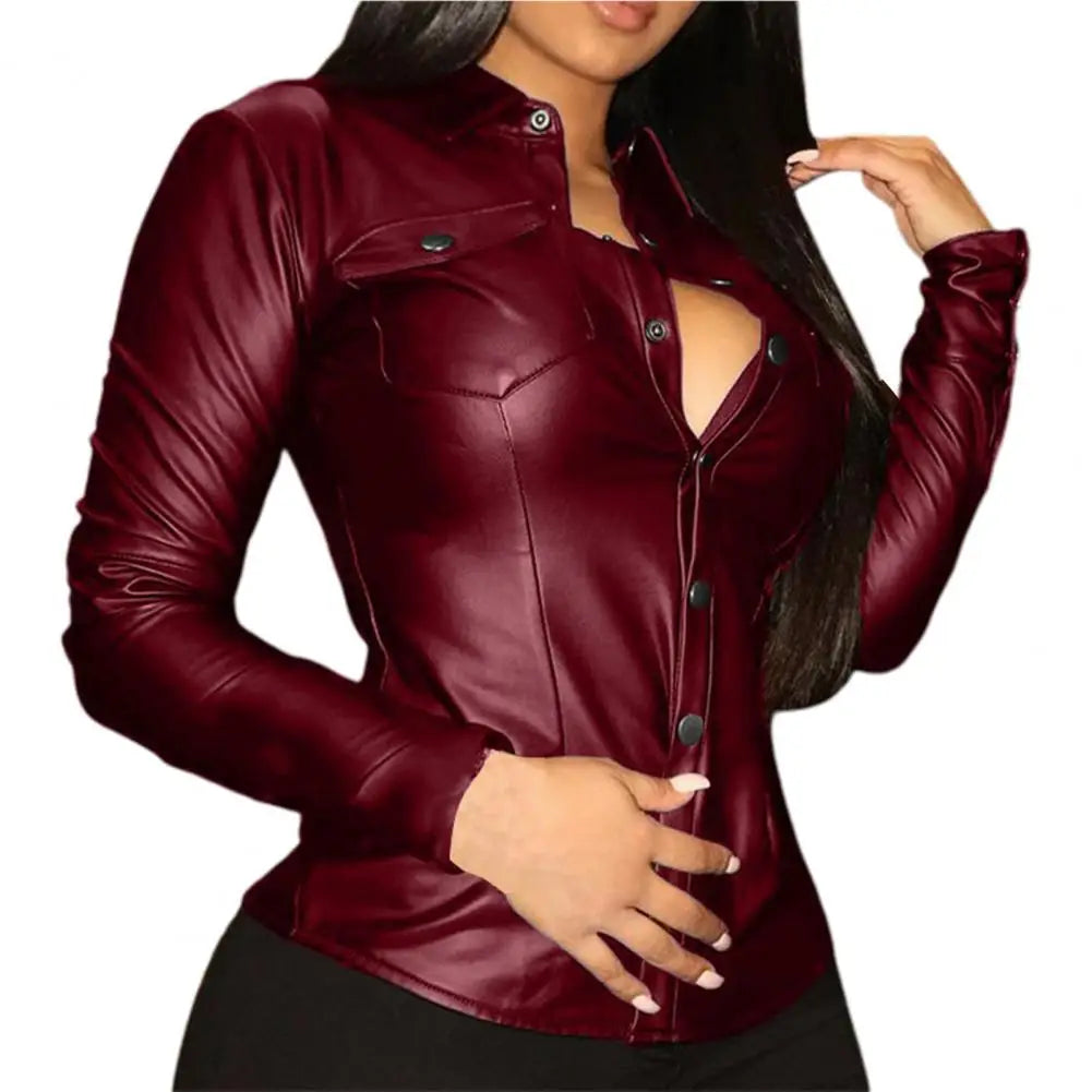 2024 Women's PU Leather Shirt Top Loose V-neck Long Sleeved Buttons Pocket Women Blouse Faux Leather Women Shirt Top Streetwear