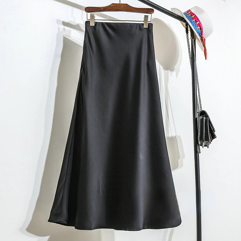Women's Long Skirt 2024 New Fashion Satin Skirt Office Lady Elastic Waist Solid Champagne Purple Red Silk A-LINE Skirt for Women