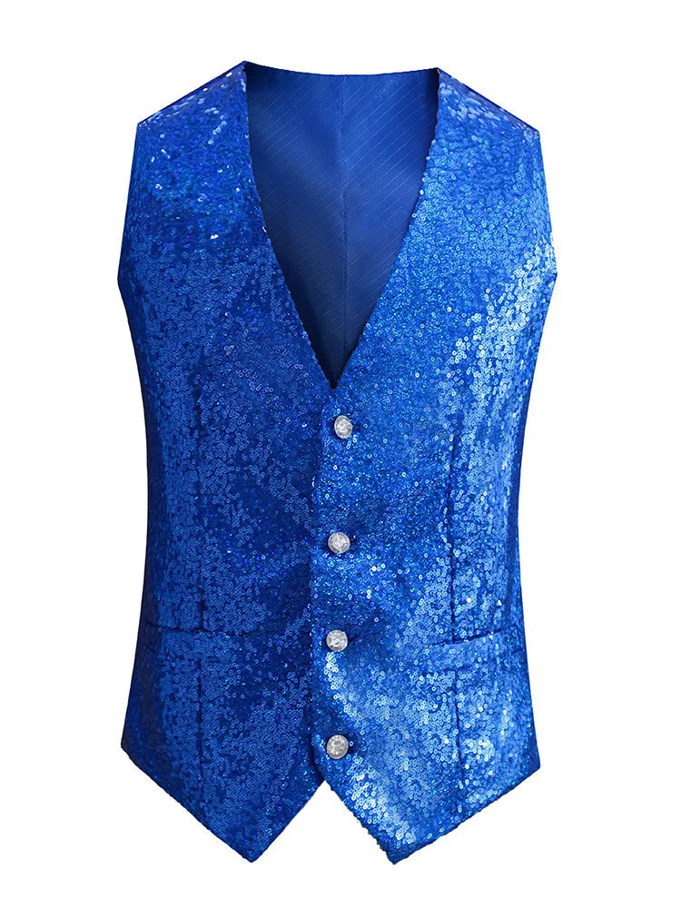Red Shiny Sequins Single Breasted Sleeveless Vest Men's V-Neck Waistcoat Gold Black White Blue Purple Available M L XL XXL XXXL
