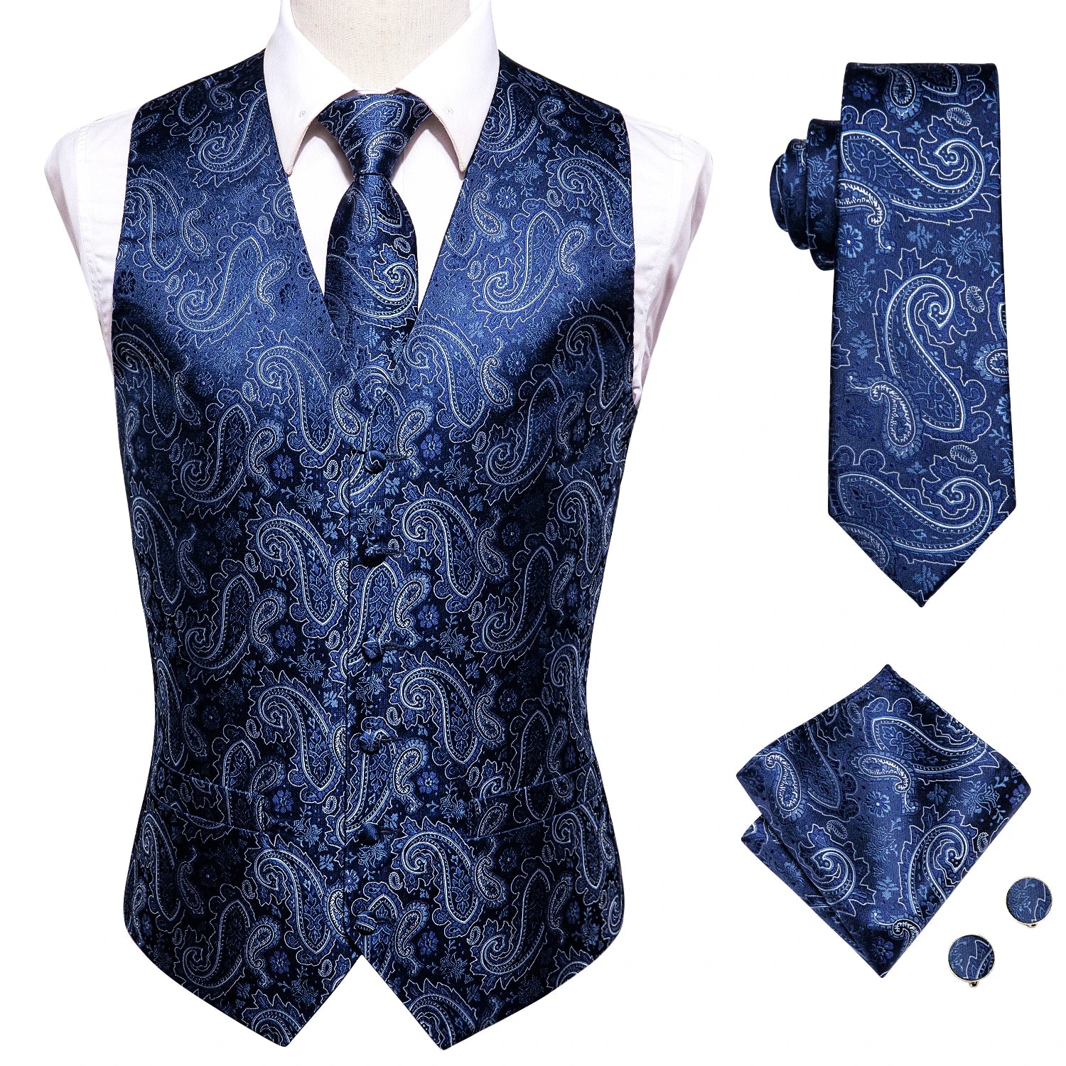 Hi-Tie Black Men Silk Vest Paisley Jacquard Necktie Hankerchief Cufflinks Sets Male Sleeveless V-Neck Waistcoat Business Formal