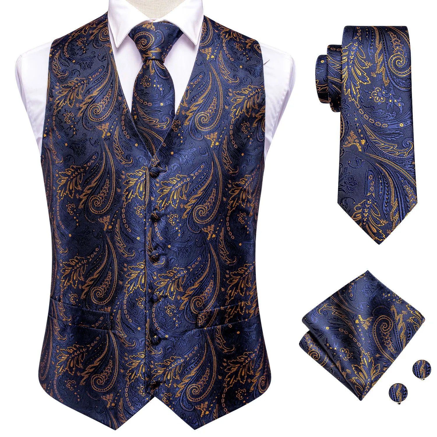 Hi-Tie Navy Blue Mens Vest Formal Silk Paisley Waistcoat Jacket Tie Handkerchief Cufflinks Set For Male Dress Suit Wedding Party