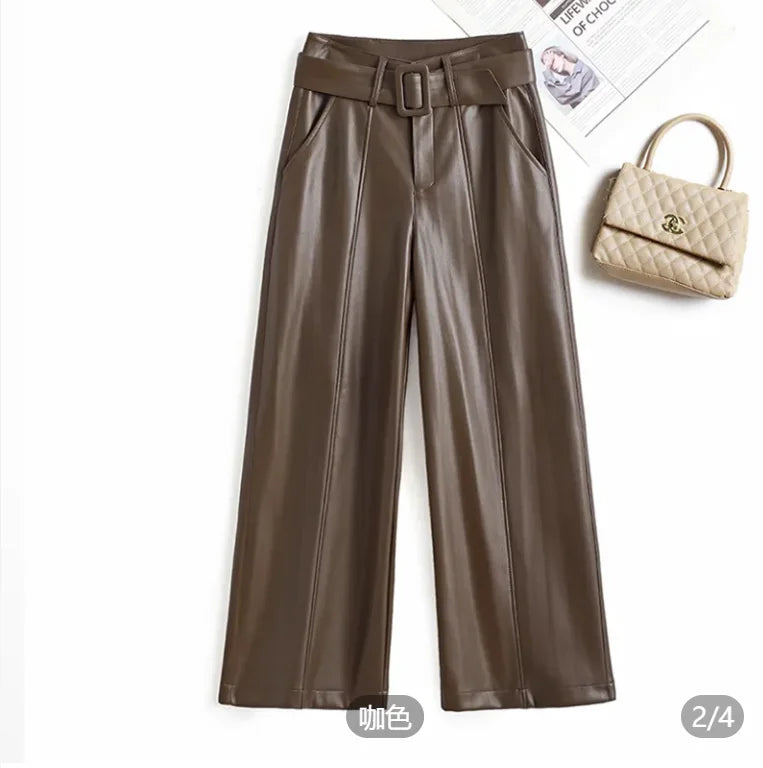 2024 Black Genuine Leather Pants Women Sheepskin Straight Pants Spring Autumn High Waist Belt Loose Real Leather Casual Trousers