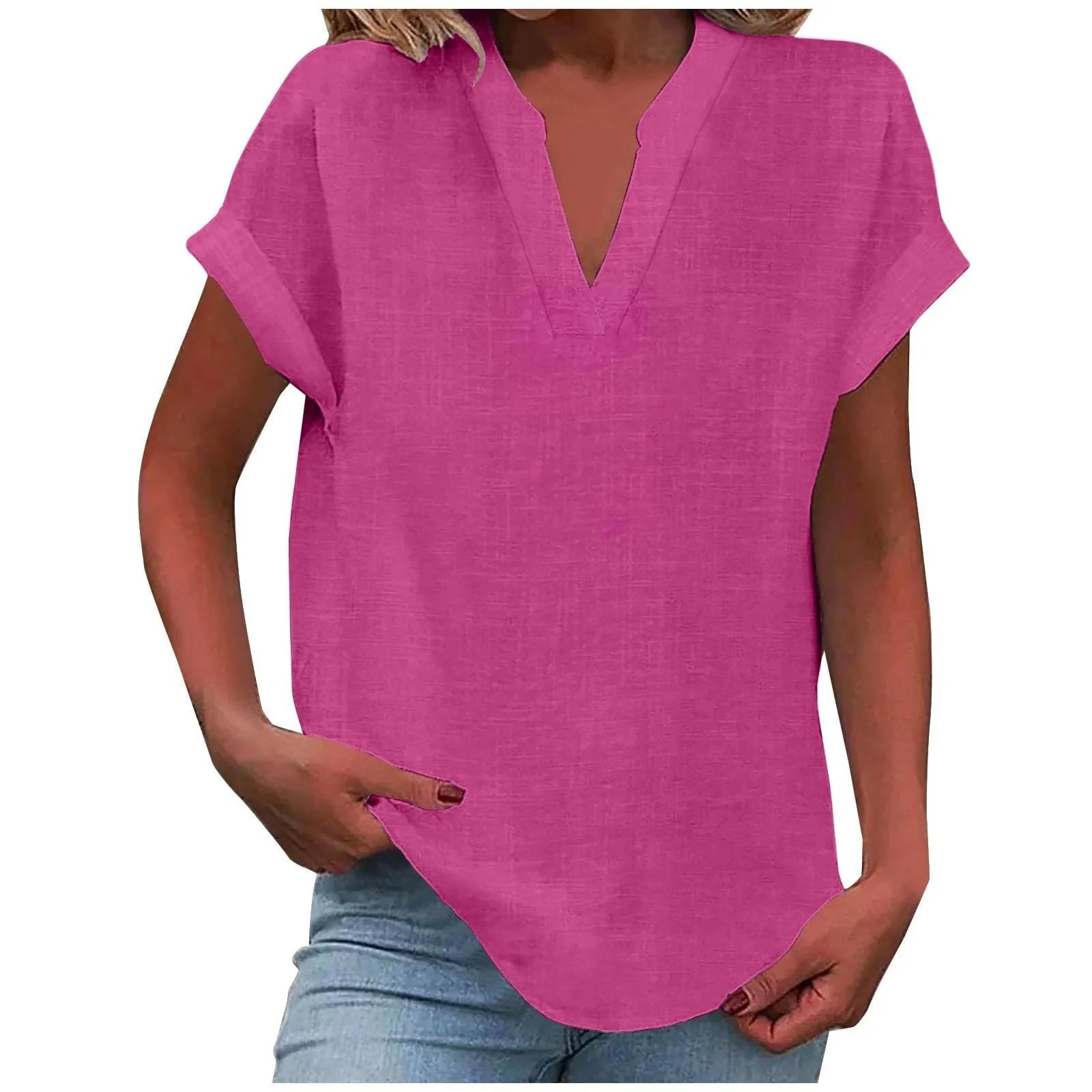 Summer Cotton Linen Breathable Solid Color Button Down V-neck Shirt Basic And Versatile Casual Comfortable Lady Office Tops 2025
