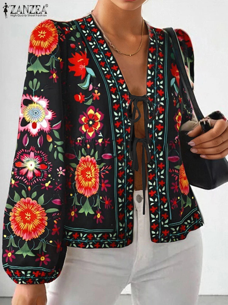 Bohemian Printed Holiday Shirt Women's Summer Blouses ZANZEA 2025 Fashion Long Sleeve Blusas Female Floral Tunic Cardigan Tops