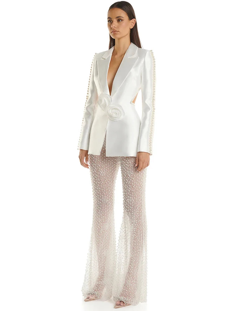 HIGH STREET Newest 2025 Designer Runway Fashion Women's Hollow Out Flowers Appliques Pearls Beaded Blazer Gauze Pants