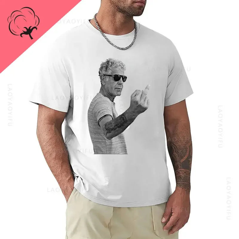 Anthony Bourdain Middle Finger Pose 100%Cotton T Shirt Graphic Printed Fashion Casual O Neck Short Sleeve Streetwear Tee Tops