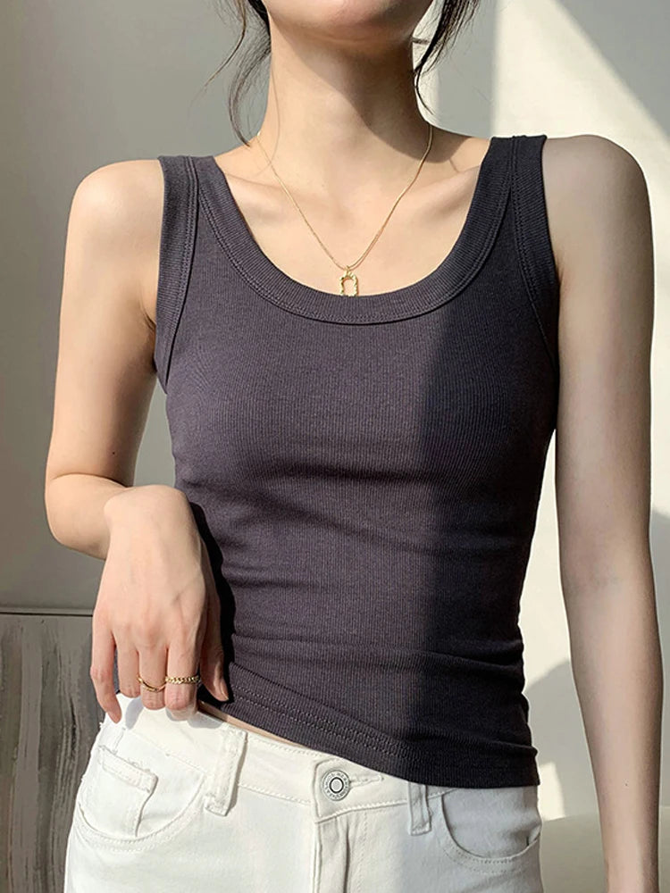 Knit Black Daily Wear Woman Vest Tank Tops Tight Ribbed Female Thick Straps Simple Casual Basic Fashion Summer Clothes 2022