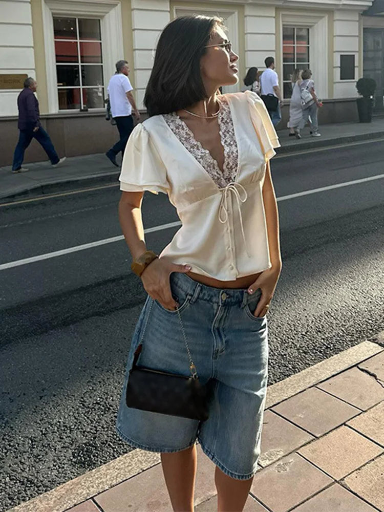 Retro Lace Deep V-neck Shirt Women Chic Solid Lace Up Buttons Slim Shirts Female 2025 Summer Versatile Fashion Street Tops
