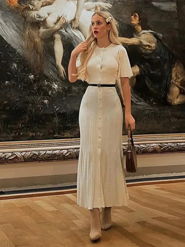 Knit Solid Women's Dress Short Sleeve O Neck Lady Dresses 2025 Elegant Summer Single Breasted Hip Package High Waist Female Rube