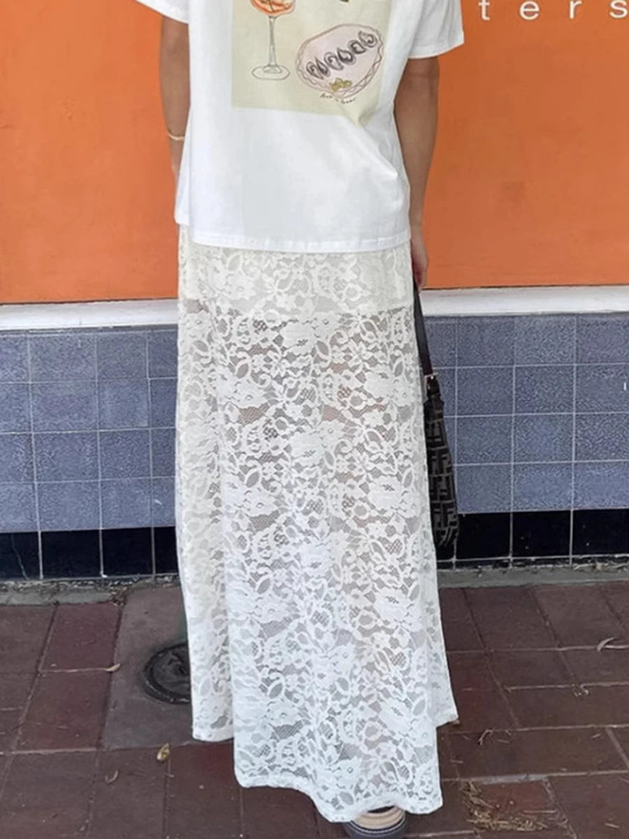 Lace Jacquard Transperant Skirt Women Summer New High Waist Sexy Casual Long Skirts 2025 Streetwear Fashion White Maxi Skirt