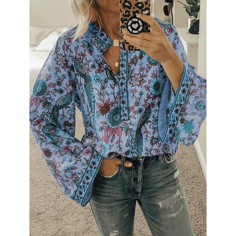 Bohemia Flower Printed Women's Blouse Flare Sleeve O-neck Casual Blouse Female New Autumn Fashion Ethnic Retro Ladies Shirt Tops