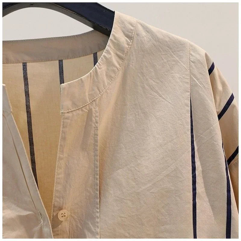 95% Cotton Shirts Women Fashion Stripe Design Khaki Blouses Drawstring Waist Loose Long Sleeve Shirt Spring Summer Literary Tops