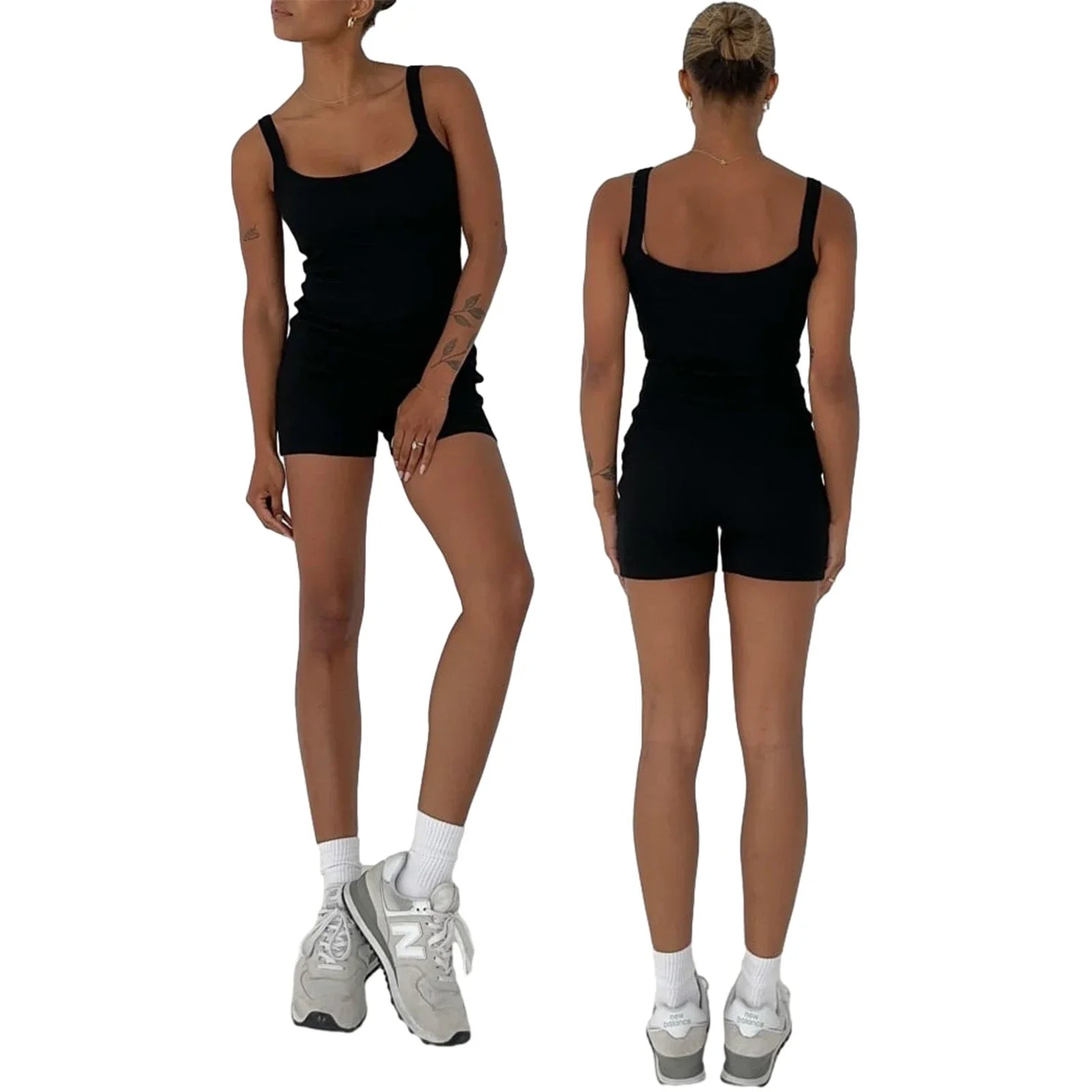 Combhasaki Womens Casual Sport Retro Bodycon Sleeveless Romper Solid Color Ribbed Sleeveless U-Neck Short Slim Jumpsuit Playsuit