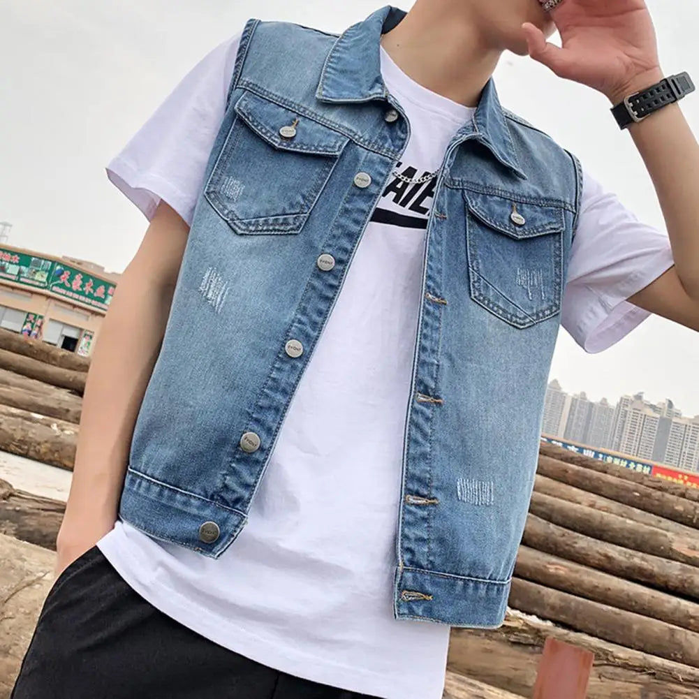 Denim Waistcoat Men's Sleeveless Denim Jacket with Ripped Holes Pockets Single Breasted Washed Waistcoat for Casual Loose Fit