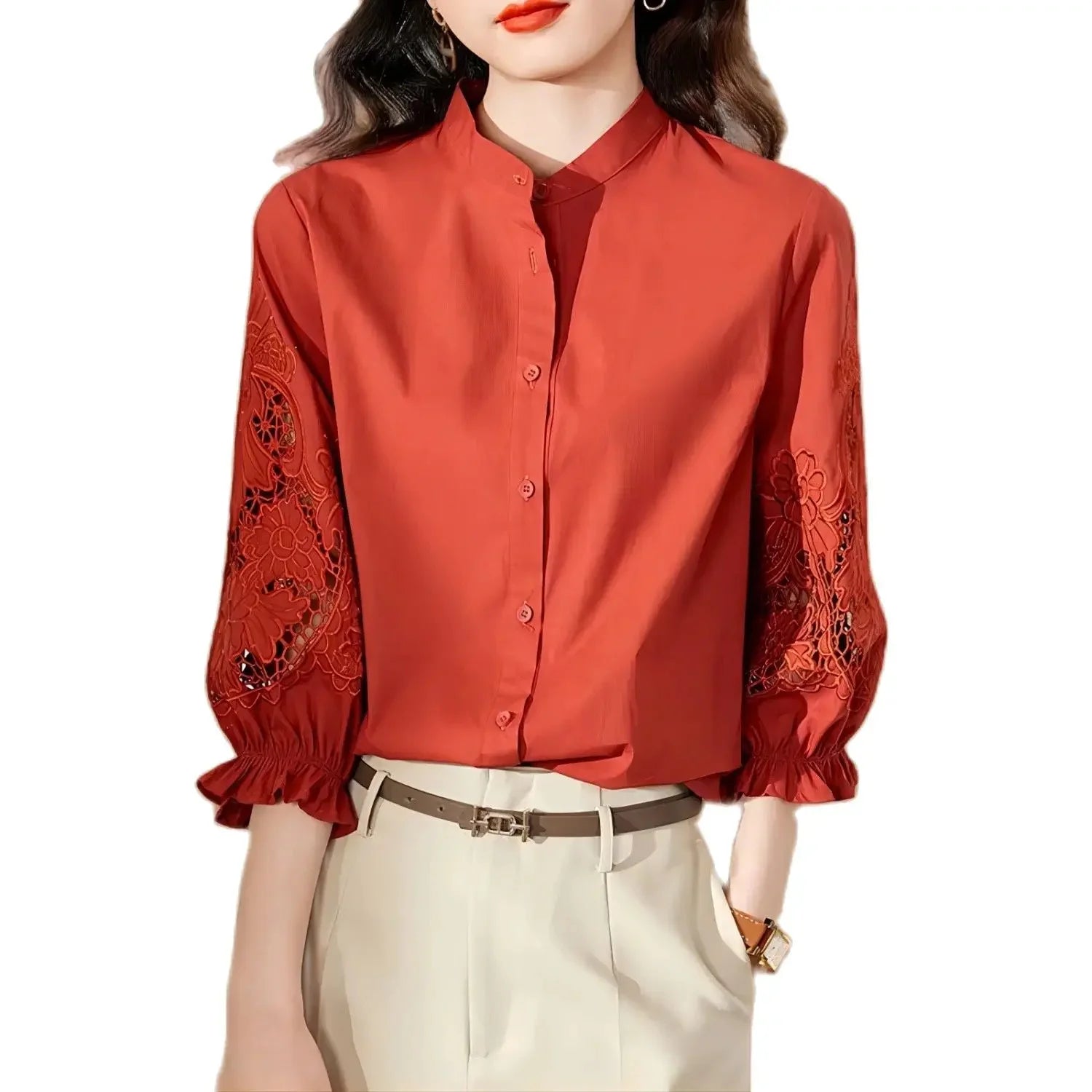 Women Spring Autumn Style Blouses Shirts Lady Casual Stand Collar Solid Color Hollow out Sleeve Blusas Tops