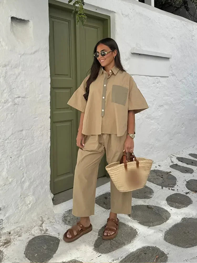 Women Casual Straight Wide Legs Pants Set Loose Lapel Half Sleeve Single-breasted Contrast Pocket Shirt Suits Lady Office Outfit