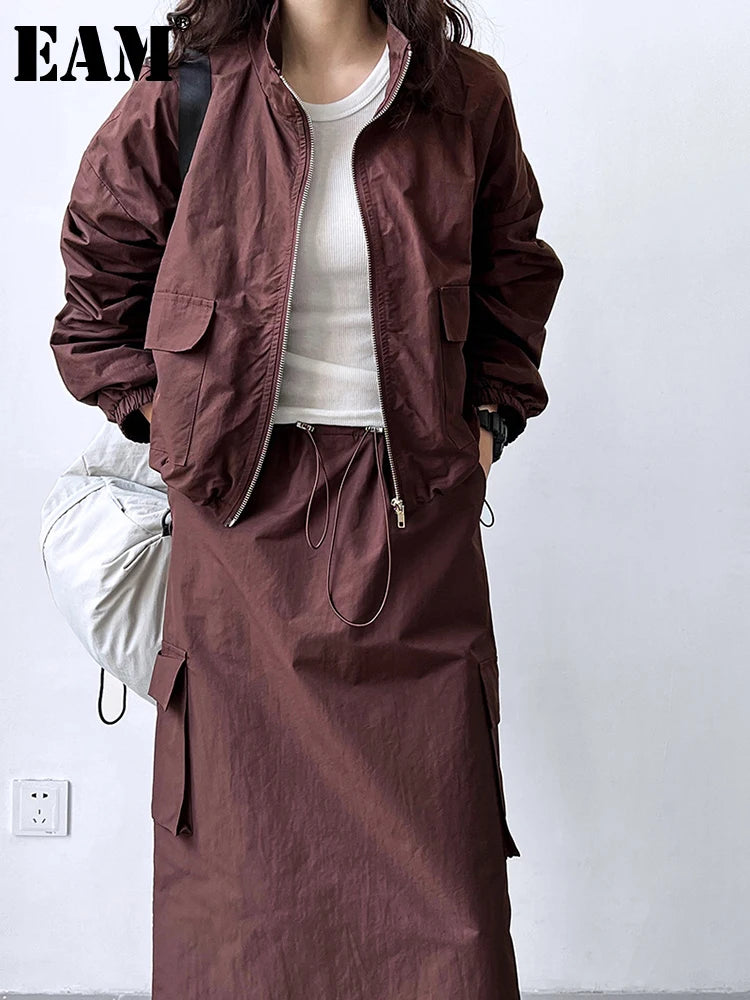[EAM] Jacket Drawstring Big Size Half-body Skirt Two Pieces Suit New Stand Collar Women Fashion Spring Autumn 2025 1DH0976