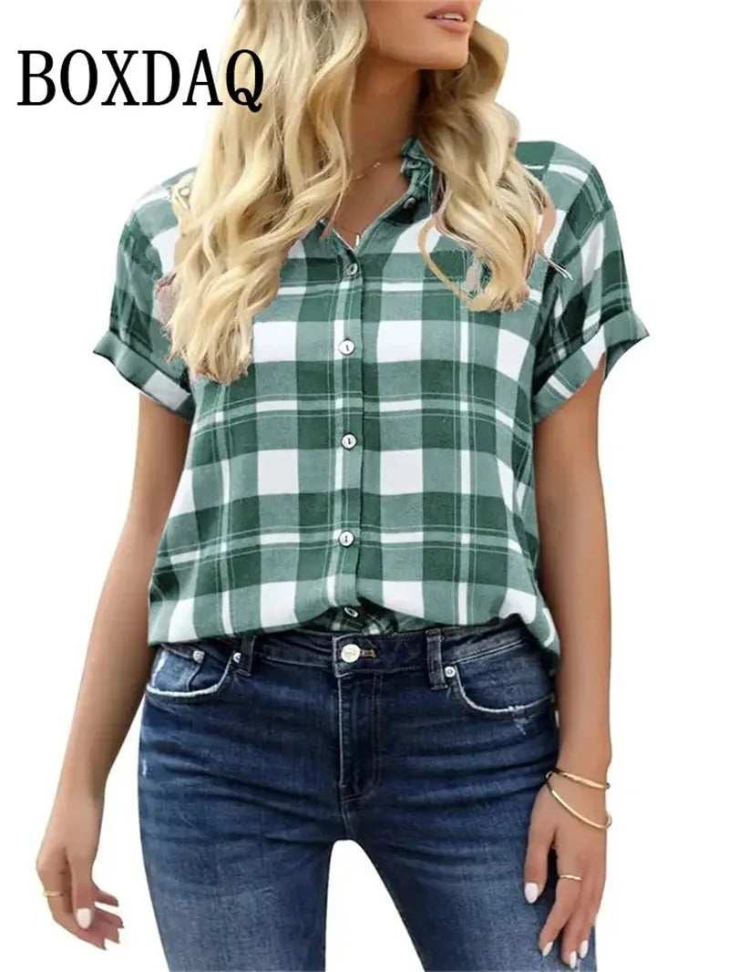 Spring Summer Casual Women's Short Sleeve Blouses Fashion Lapel Button Loose Shirts Classic Plaid Print Women Short Sleeve Tops
