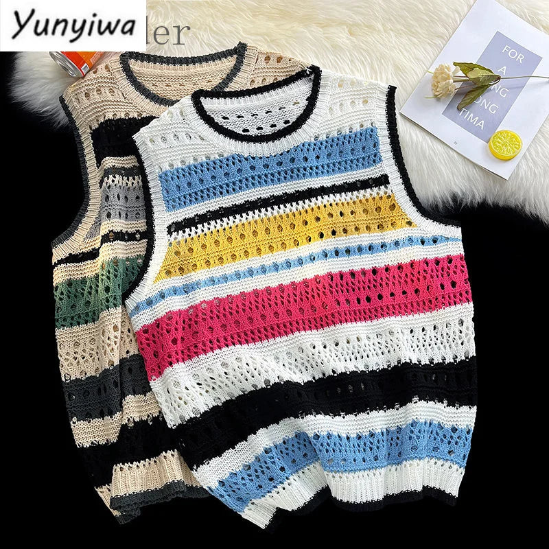 Contrast Striped Hollowed Out Knit Tank Top Men's Oversize Summer Japanese Outerwear Layered Bf Couple Knitwear Sleeveless Top