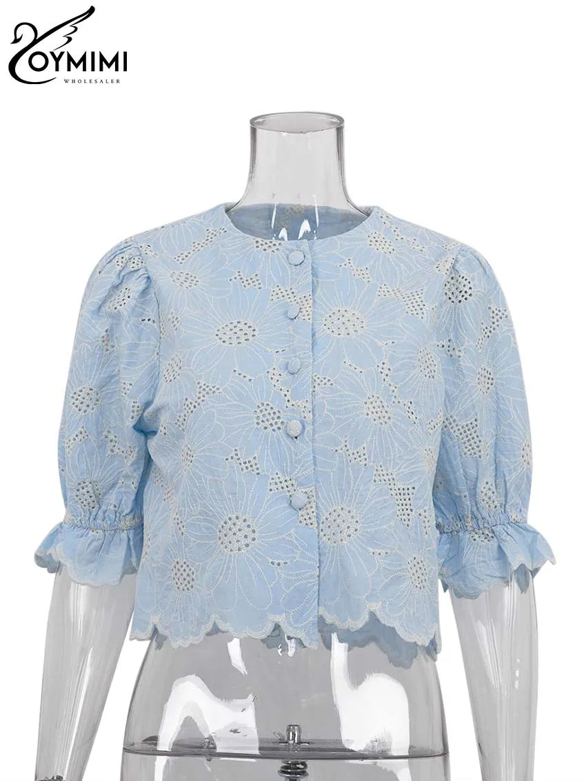 Oymimi Fashion Blue Print Women's Shirt Elegant O-Neck Hollow Out Half Sleeve Shirts Summer Autumn Single Breasted Cotton Shirts