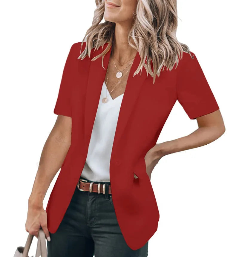 Summer women's temperament, fashionable and loose fitting small suit, European and American solid color suit collar, short sleev