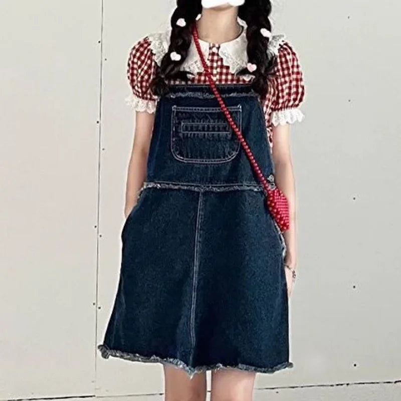Red Plaid Shirts Women Sweet Peter Pan Collar Students Vintage Japanese Style All-match Casual Fashion Summer Personality Chic