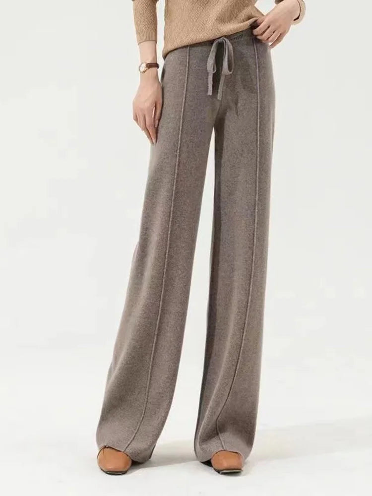 100% Pure Wool Pants Cashmere Wide Leg Trousers Women's Long Britches Knit Loose Daks Casual Pants Autumn Winter High Waist Daks