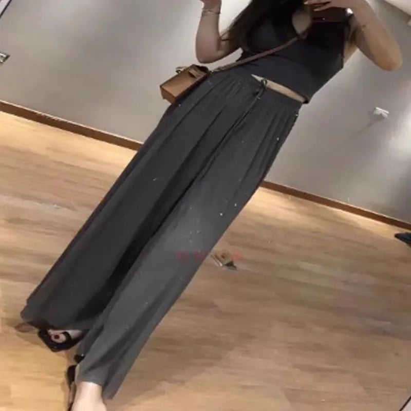 Sparkling Drap Pants 2022 Starry Sky Wide Leg Pants Diamond Trouser Casual Beach All-match Thin Pleated Culottes Breathable Soft