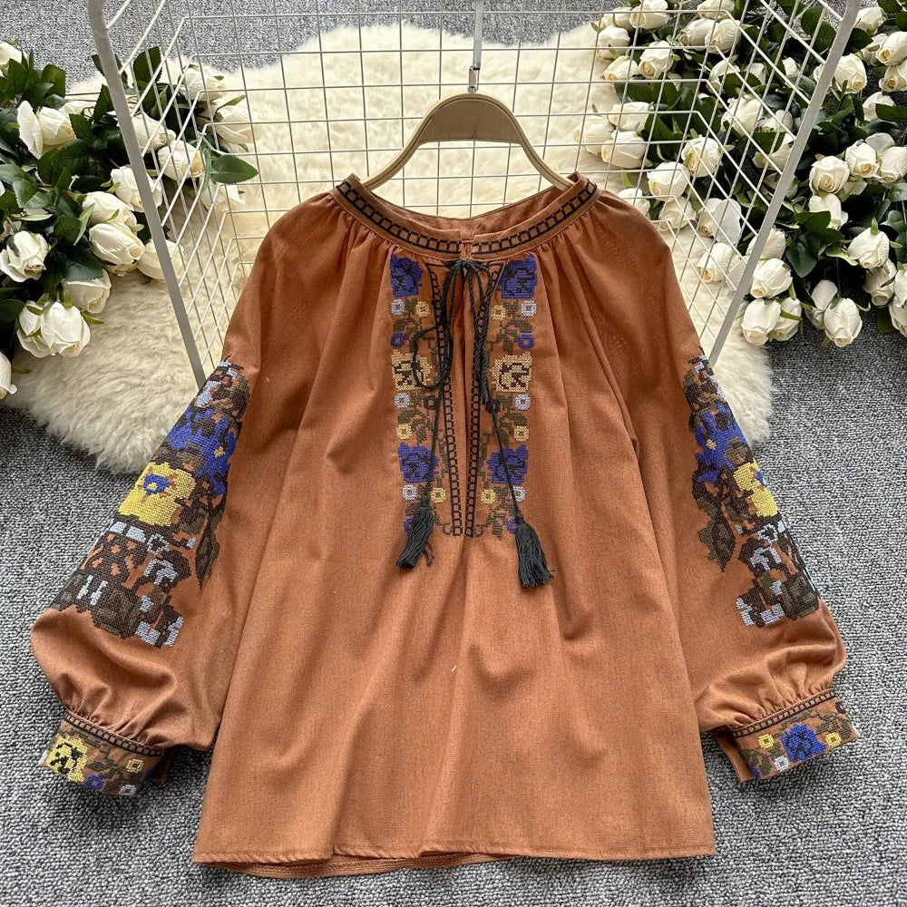Neploe Fresh O Neck Lantern Sleeve Pullover Panelled Mujer Sweet Lace Up All-match Embroidery Shirt New Heavy Tassels Blouses