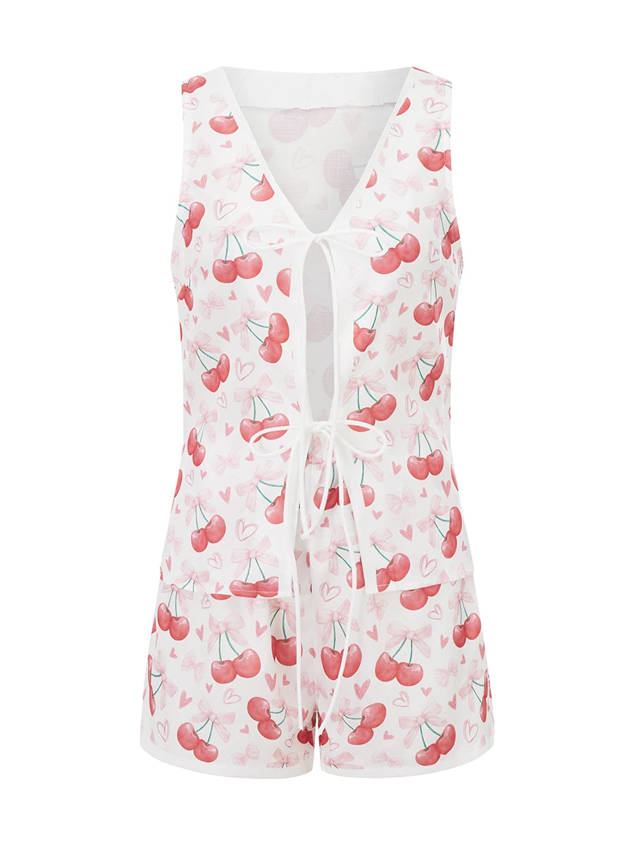 Women Sun Palm Trees Graphic Print 2 Piece Vest Set Y2K V Neck Tie Front Vest and Shorts Set Summer Sleeveless Lounge Outfits