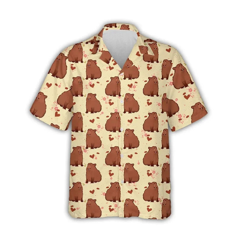 Kawaii Capybara Pattern Shirt Men's 3D Printed Hawaii Aloha Beach Men's Shirt Short Sleeve Cool Top Lapel Shirt