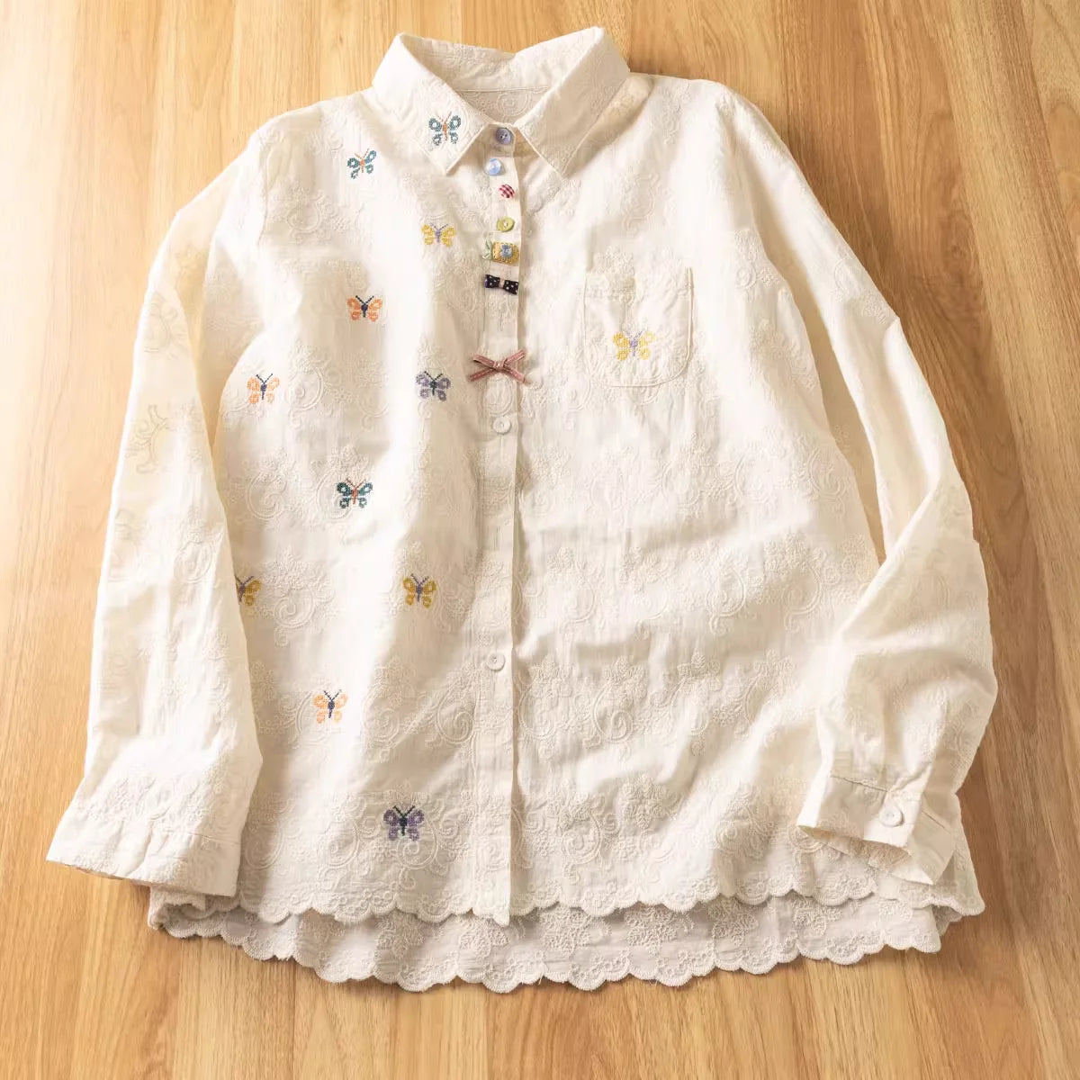 2025 Elegant women's shirt bohemian butterfly embroidery white beige shirts long sleeve blouses for women cotton tops