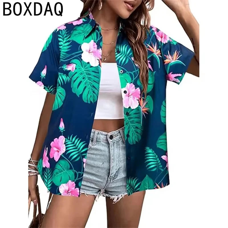 Tropical Coconut Tree Print Women's Hawaii Style Shirt Summer Lapel Short Sleeve Single Breasted Casual Personalized Shirt Tops