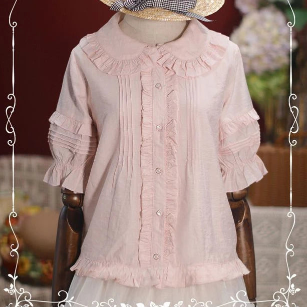 Lolita Solid Peter Pan Collar Women Shirt JapaneseSingle Breasted Sweet Blouse Y2k Aesthetic Ruffled Loose Blusas Mujer De Moda