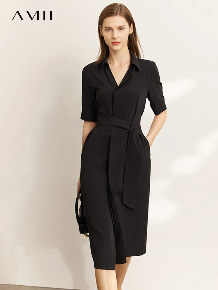 AMII Minimalism Dresses for Women 2023 Summer New Shirt Dress with Belt Waist Office Lady Solid Casual Black Vestidos 12352028