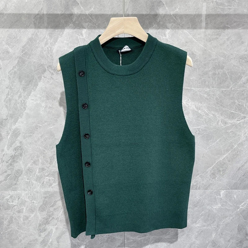 Men's Luxury Knitted Pullover Sweater Vest Casual Streetwear Button Solid Color O Neck Sleeveless Loose Stylish Vintage Knitwear