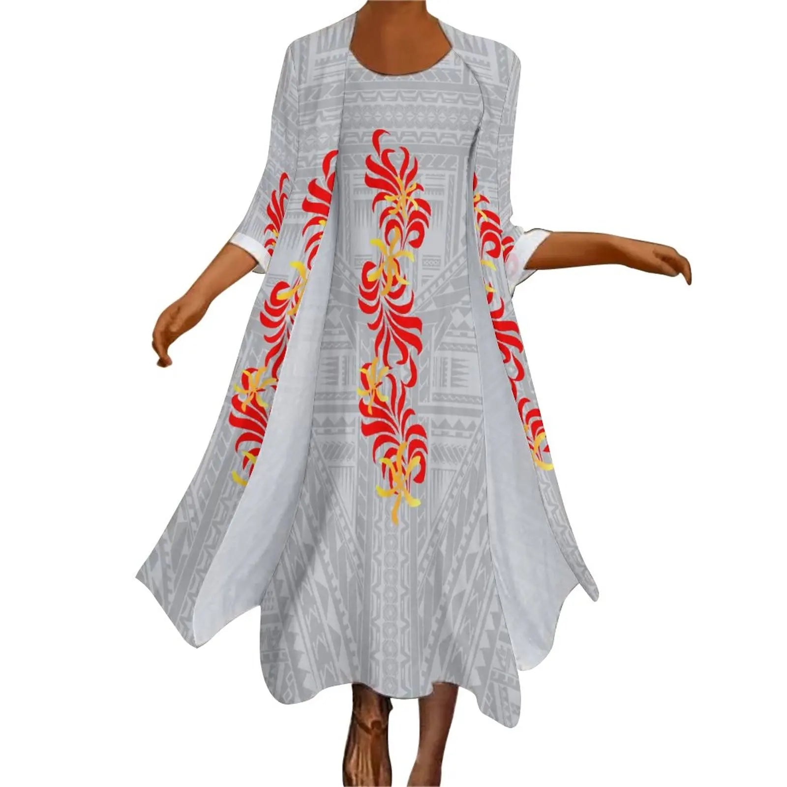 New high stretch two piece dress set women clothing custom Big people polynesian dress & Kimono cloak set women's cardigan suit