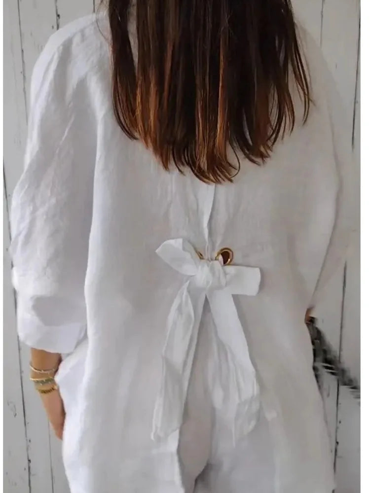 New Women Cotton Linen Shirts Elegant Back Bow Lace Up Solid Casual Shirt Spring Summer Lapel Half Sleeve Blouse Loose Tops