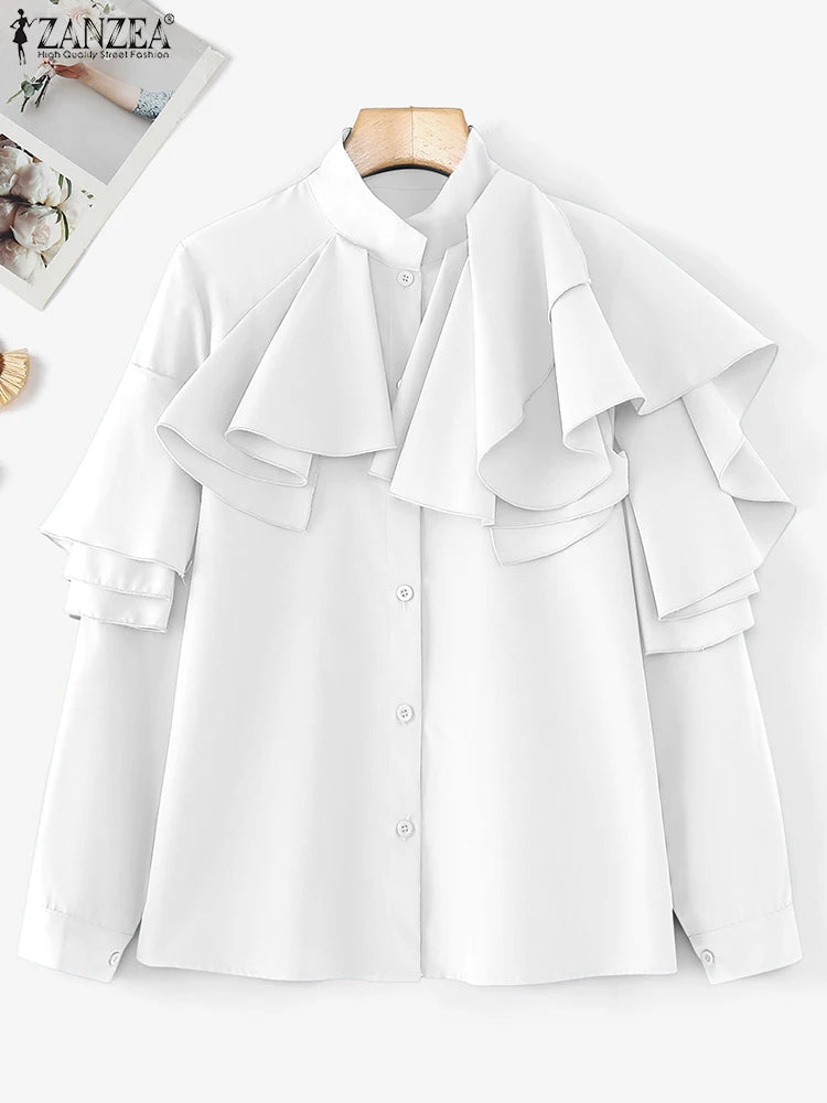 ZANZEA Elegant Office Blouse Women 2025 Fashion Ruffled Stitching Solid Shirts 3D Long Sleeve Tops Casual Loose Buttons Tunics