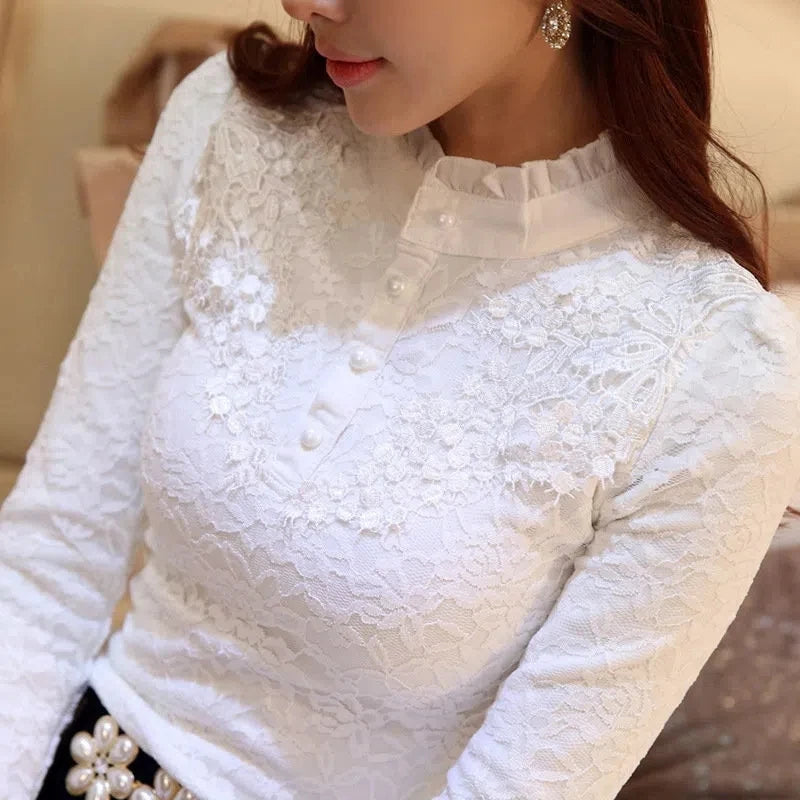 White All-match Fashion Jacquard Open Stitch Shirt Long Sleeve Polo-Neck Office Lady Chic Sexy Spring Autumn Loose Casual Blouse