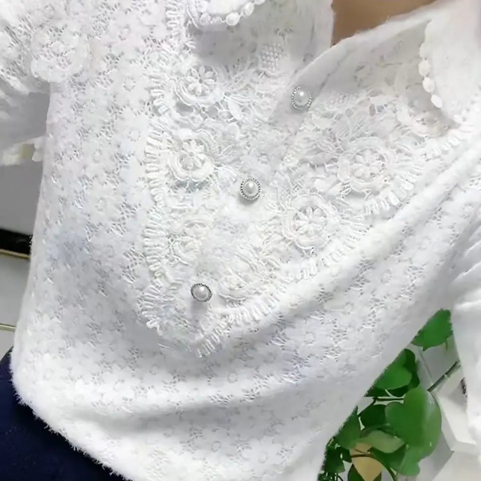 White All-match Fashion Jacquard Open Stitch Shirt Long Sleeve Polo-Neck Office Lady Chic Sexy Spring Autumn Loose Casual Blouse
